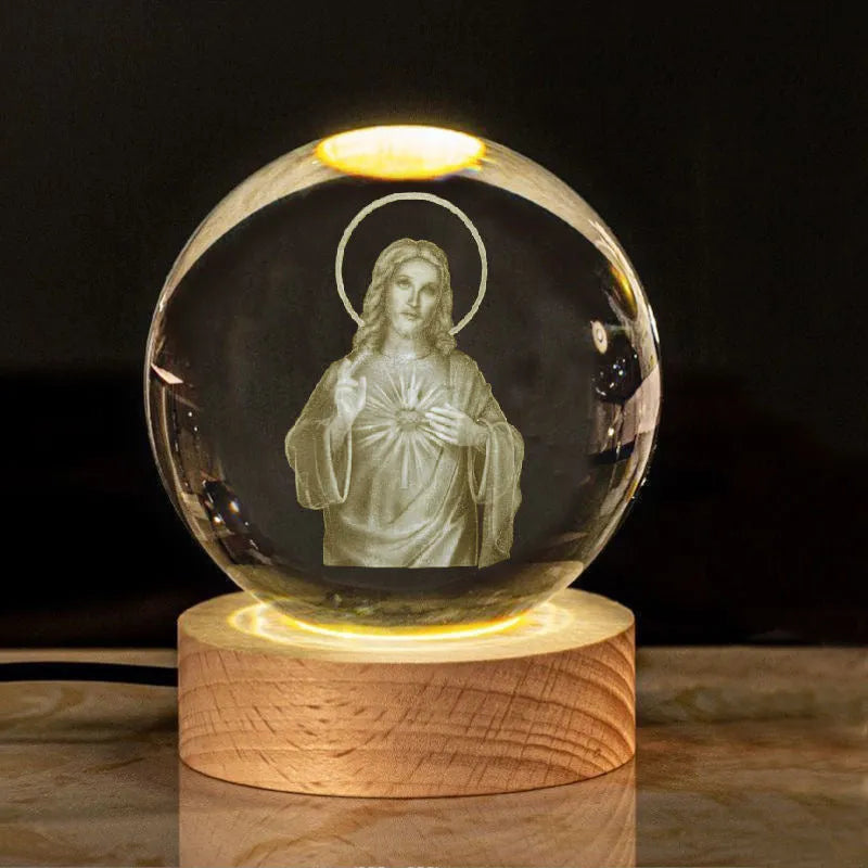 White crystal lamp with 6cm diameter ball on solid wood warm light base for church office decoration