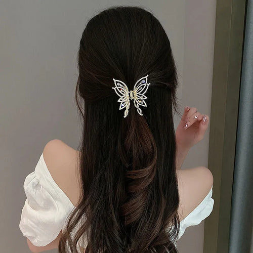 Alloy butterfly hair clip barrette for women in rhinestone or pearl style, 6.7x6.2 cm.