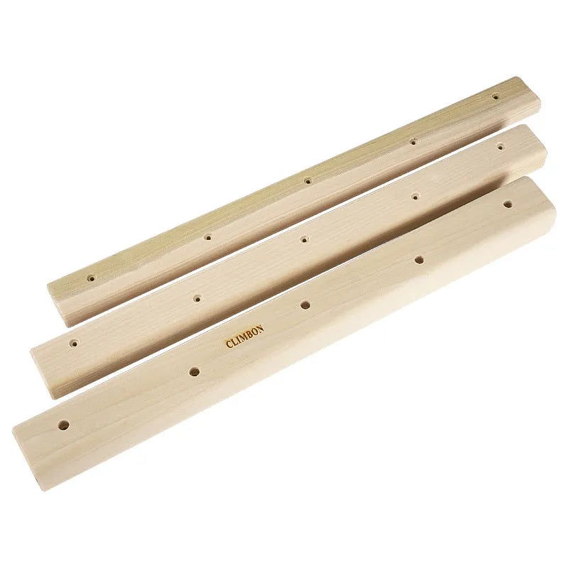 Set of three solid wooden finger grip training boards in different sizes on a white background.