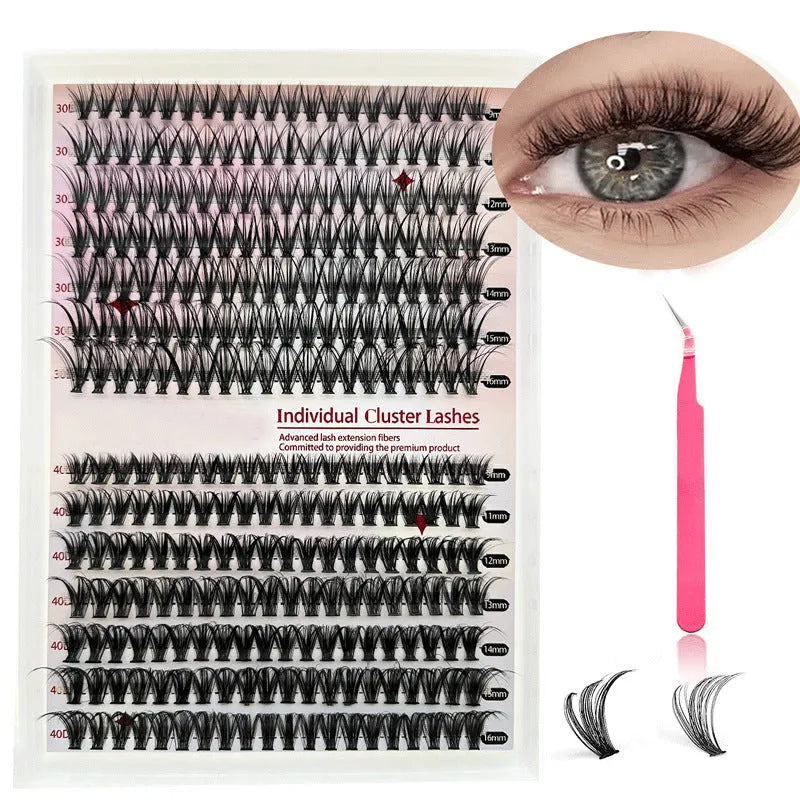 Mixed package of DIY 30D and 40D cluster false eyelashes ranging from 9mm to 16mm with tweezers