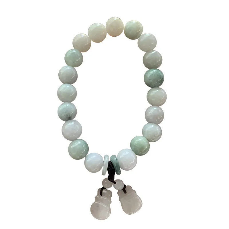 Natural green jade geometric bracelet with an adjustable chain and a hanging Maitreya Buddha charm.