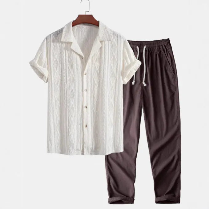 Men's slim fit camouflage print linen shirt and trousers casual set.