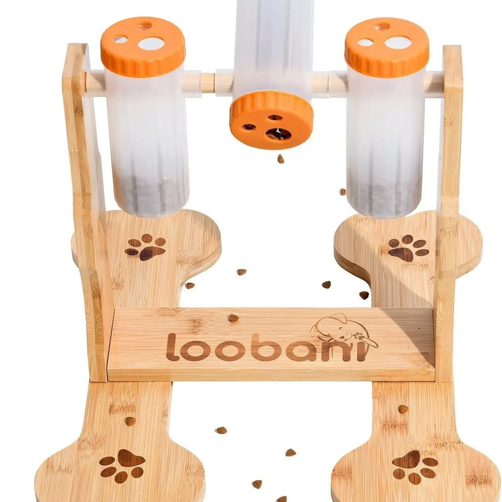 Wooden interactive dog puzzle feeder with treat compartments measuring 31cm long