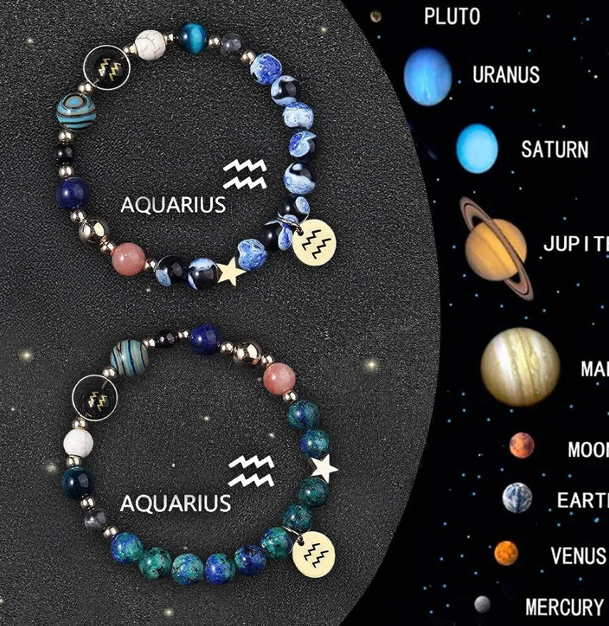 Set of two natural stone beaded bracelets with zodiac sign charms on an adjustable cord.