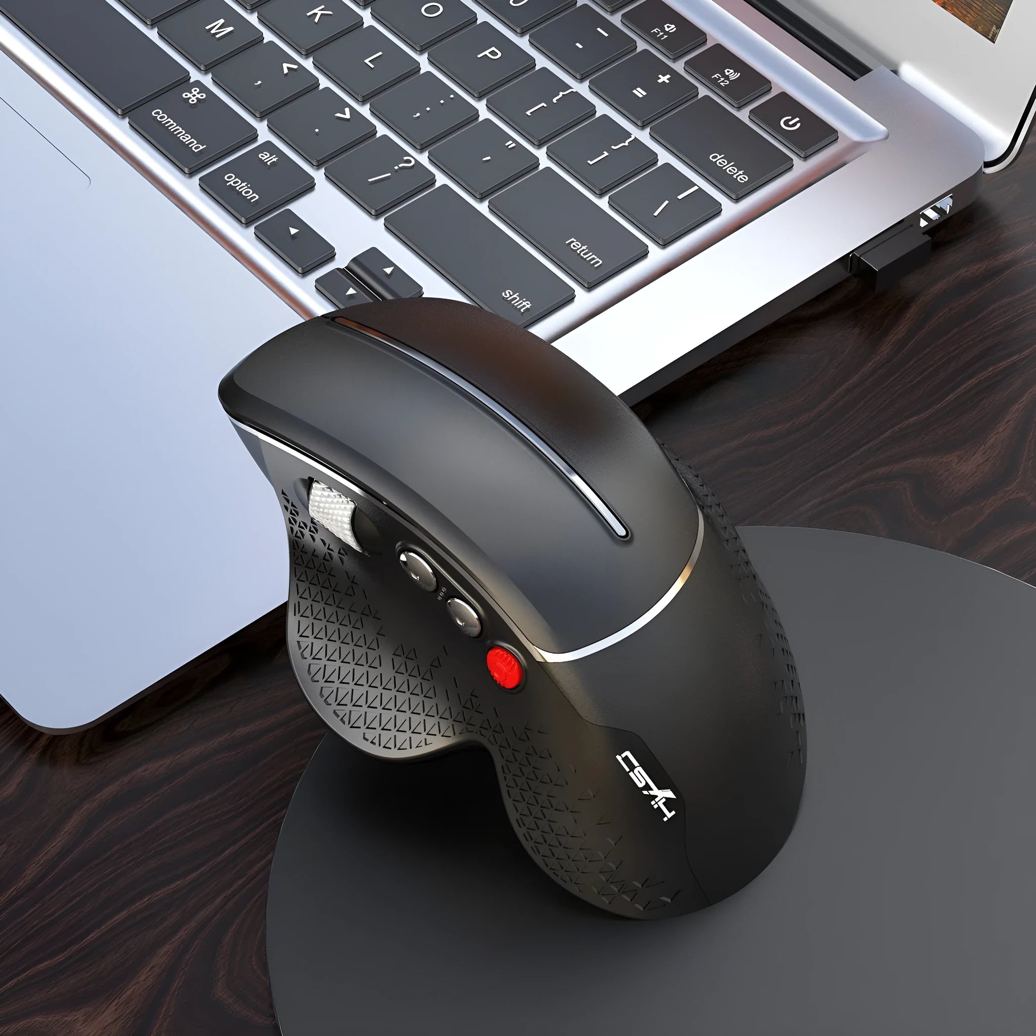 T32 wireless vertical ergonomic mouse in black matte finish showing aluminium side roller and vertical design