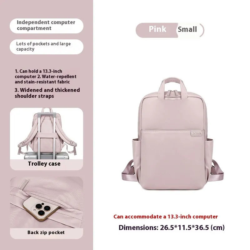 Women's canvas travel backpack showing organisational compartments and breathable design in apricot colour