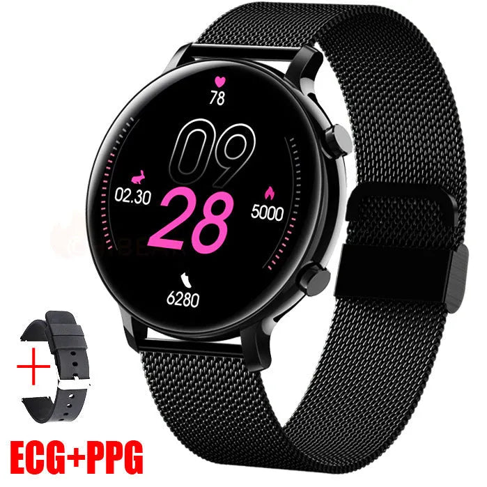 Silver stainless steel smartwatch with black screen showing heart rate data on a genuine leather strap.