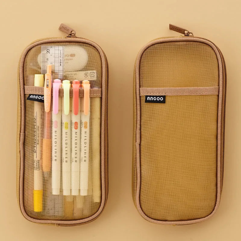 Transparent mesh square pen case with solid colour panels showing pens inside, available in multiple colour combinations