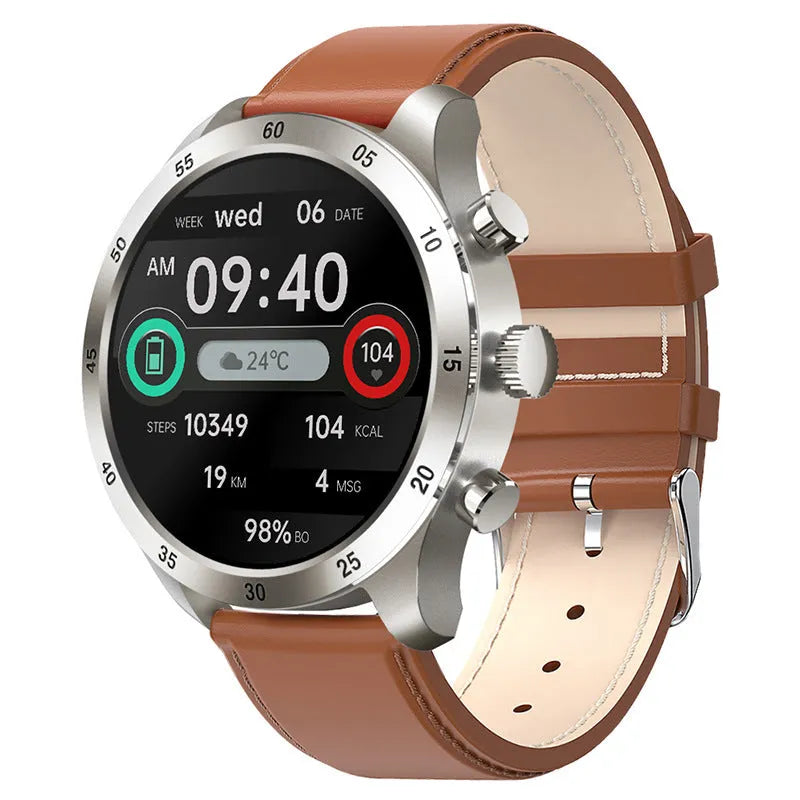Black smart watch with steel bracelet showing heart rate monitoring and call display on screen.