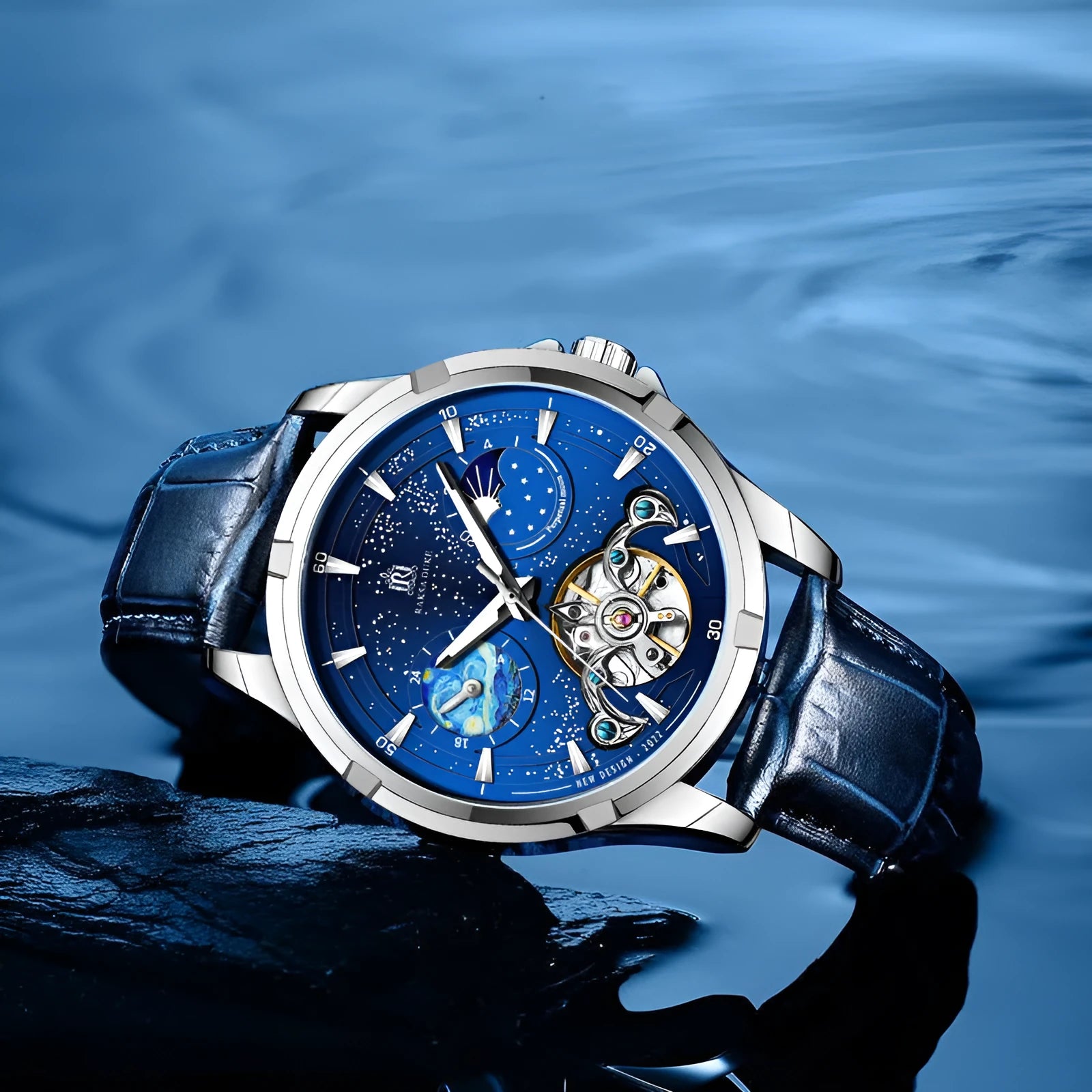 Men's automatic mechanical watch with blue dial and 14mm thickness