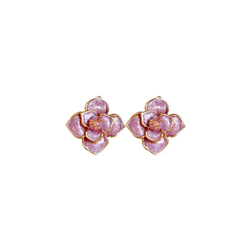 Gold plated purple oil-spot glaze flower stud earrings with fresh floral design and silver needle decoration