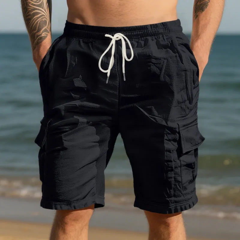 Men's air-permeable cotton and linen blend loose multi-pocket casual shorts in light blue