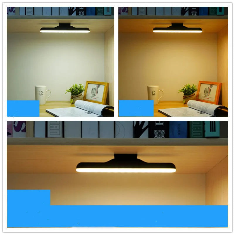 Modern LED desk lamp with touch controls and adjustable brightness settings on wooden desk