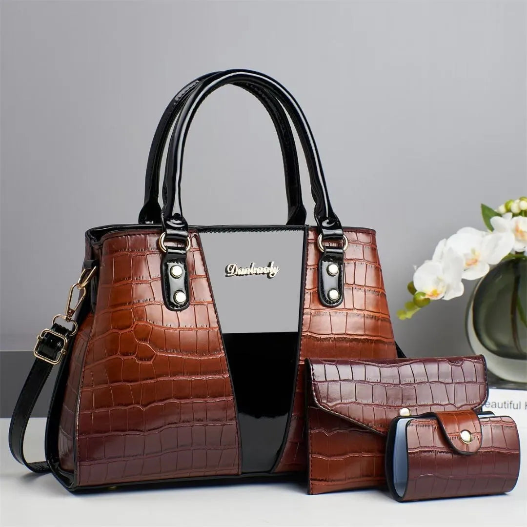 Women's crocodile stitch three-piece shoulder bag set in PU with small bag and card bag