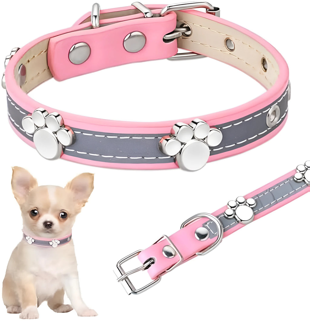 Reflective dog collar with adjustable PU leather strap and decorative paw print metal rivets
