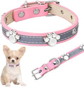 Reflective dog collar with adjustable PU leather strap and decorative paw print metal rivets