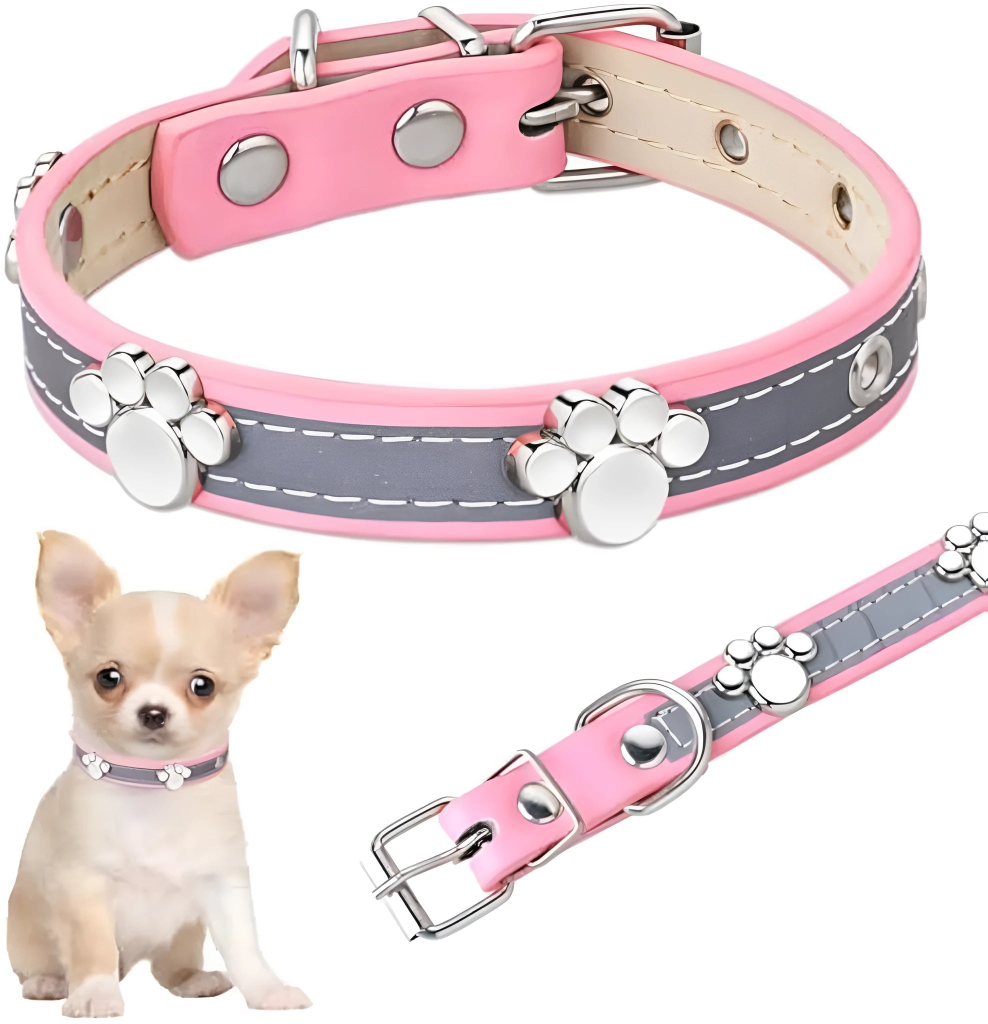 Reflective dog collar with adjustable PU leather strap and decorative paw print metal rivets