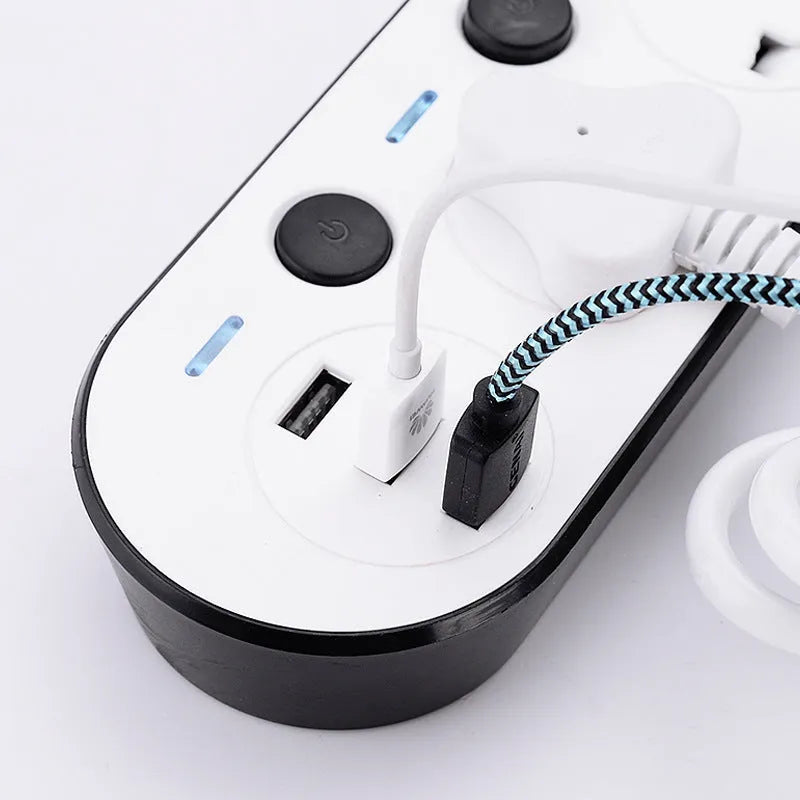 International power strip with UK, US and EU sockets, USB ports, individual switches and extended cable
