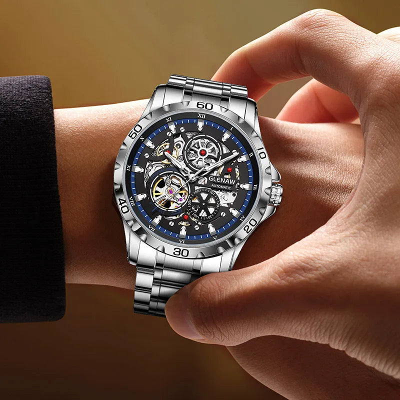 Men's automatic mechanical watch with hollow-out design showing movement through dial and case back