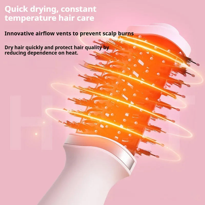 Pink multifunctional hair dryer with integrated comb attachments for styling