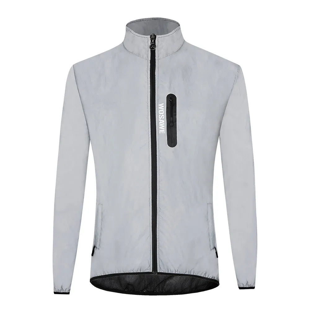 Silver waterproof polyester long sleeved jacket for outdoor wind and rain protection.