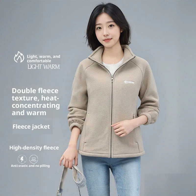 Women's polar fleece stand collar cardigan with zipper in orange