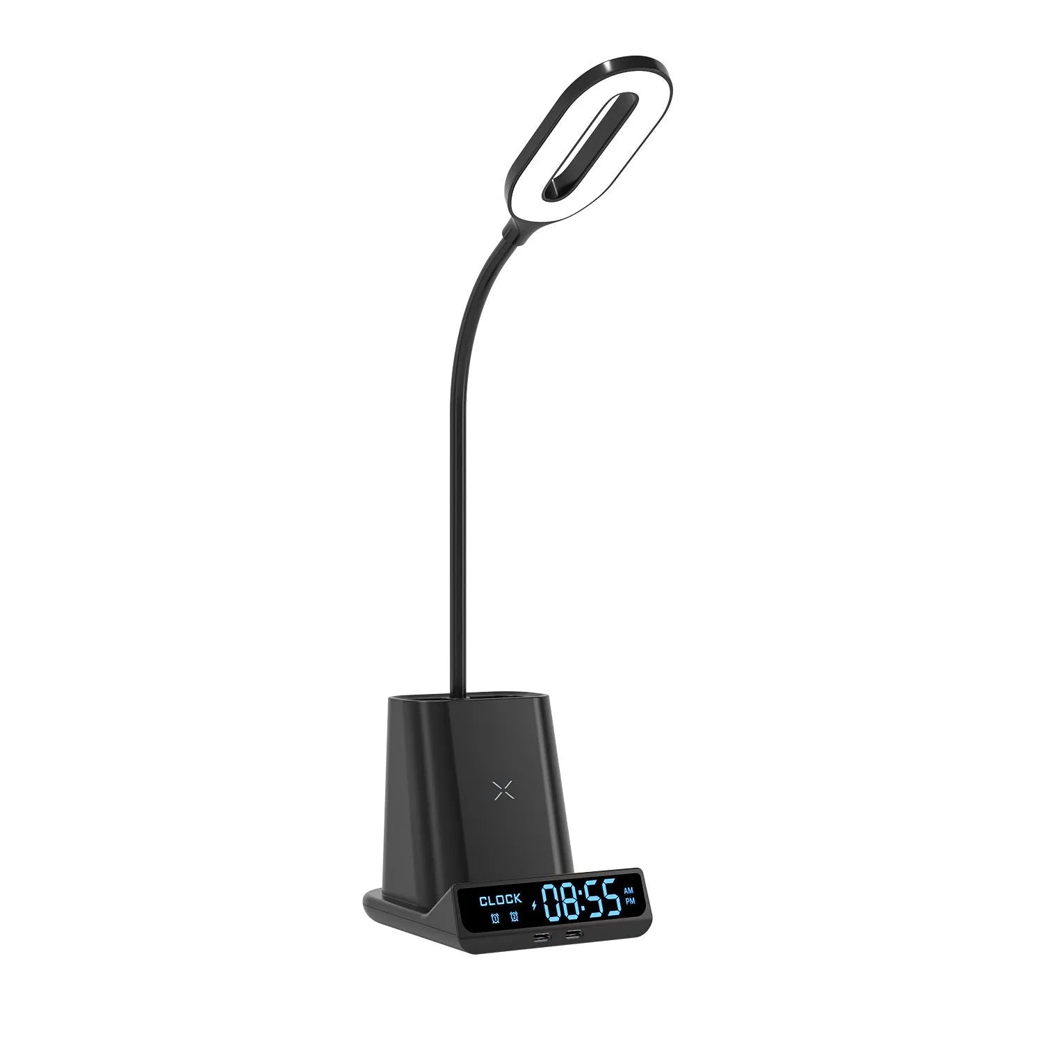 Modern minimalist desk lamp with wireless charging surface, pen holder, and storage compartments
