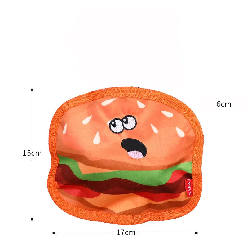 Hamburger shaped crinkle and squeak dog toy with no stuffing for safe interactive play
