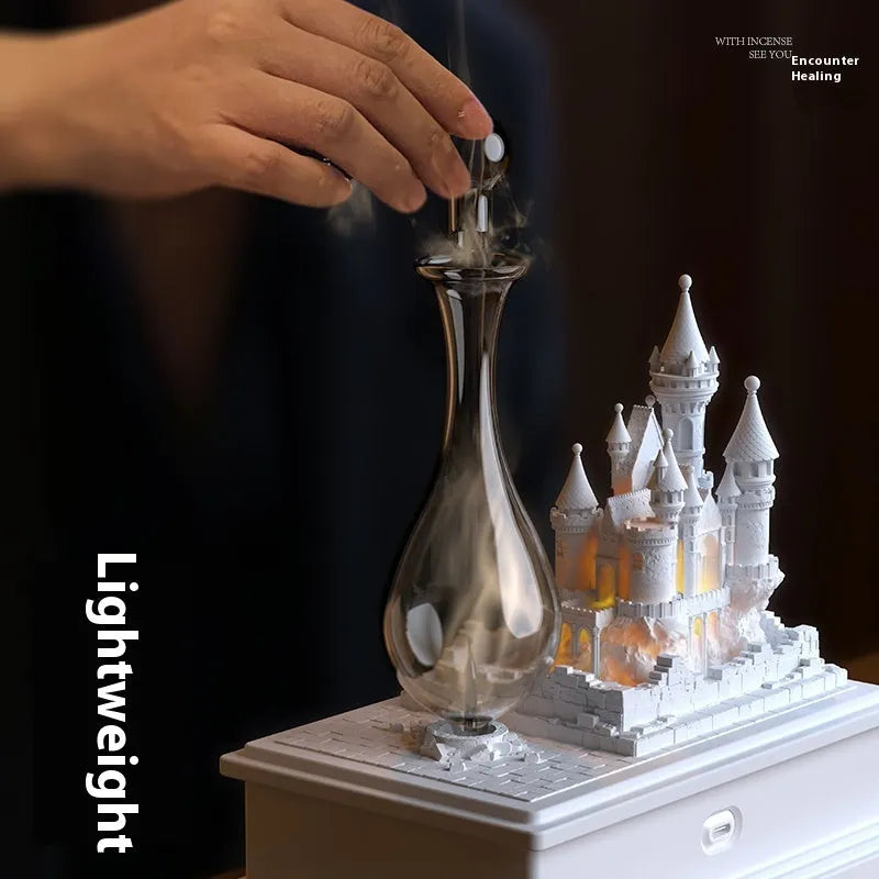 White medieval castle cold fragrance aromatherapy machine with ambient lighting and Type C charging cable