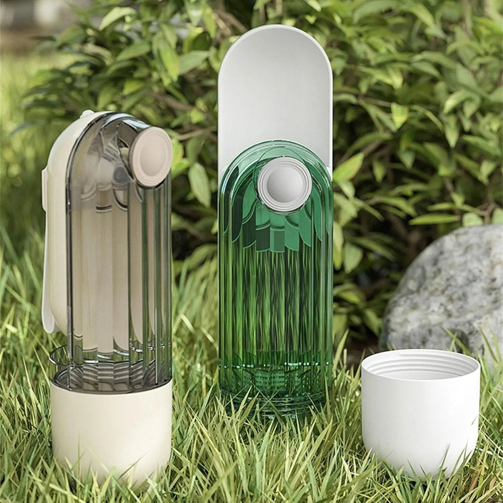 Beige foldable dog water bottle with food container base for outdoor use