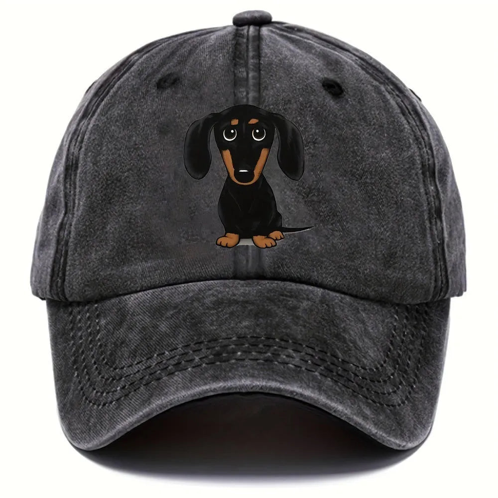 Retro washed cotton baseball cap with embroidered Dachshund design in dome crown style