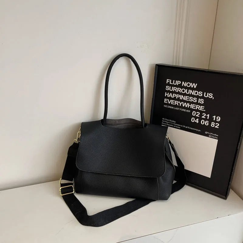 Vintage casual PU leather tote bag in horizontal square shape with double shoulder straps
