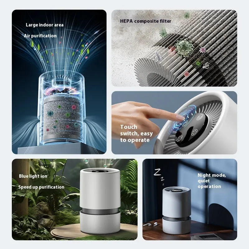 White desktop air purifier for small rooms with USB cable and aromatherapy tablet