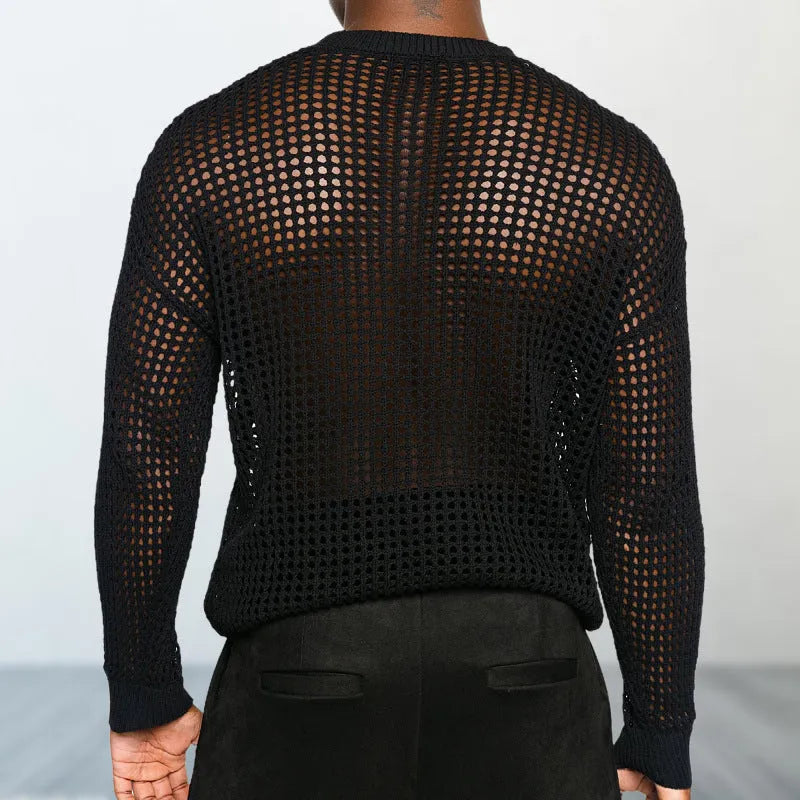 Black thin acrylic round neck loose fit pullover sweater on model