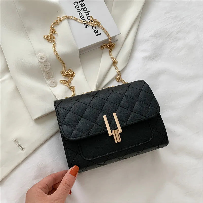 Women's crossbody bag with diamond lattice chain strap in black, white or green minimalist design