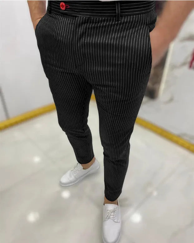Men's thin striped slim casual trousers in chemical fibre blend, mid waist, button fly, available in multiple colours