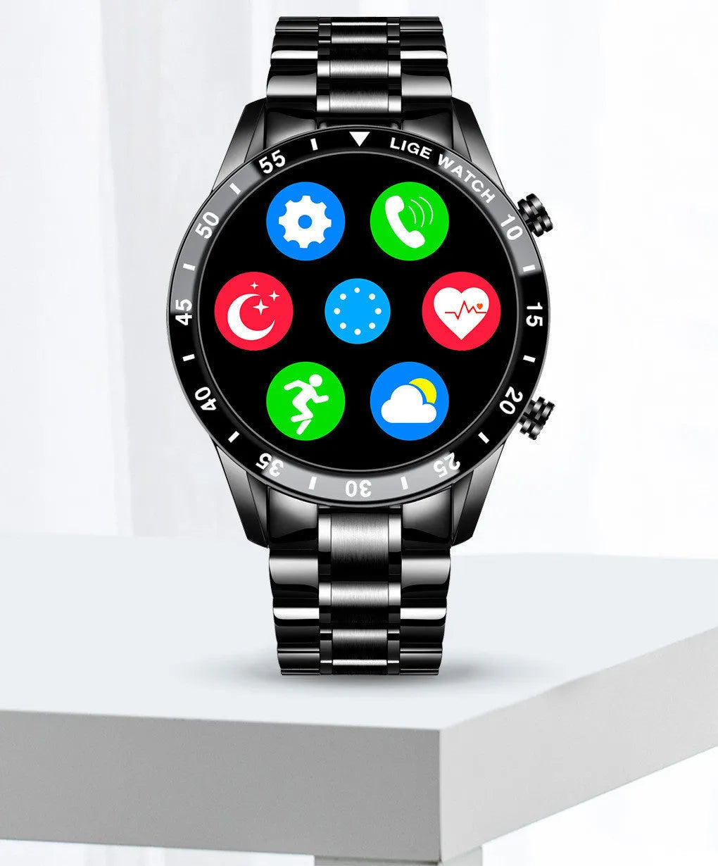 Smart watch with stainless steel band showing 1.3-inch screen display on a wrist.