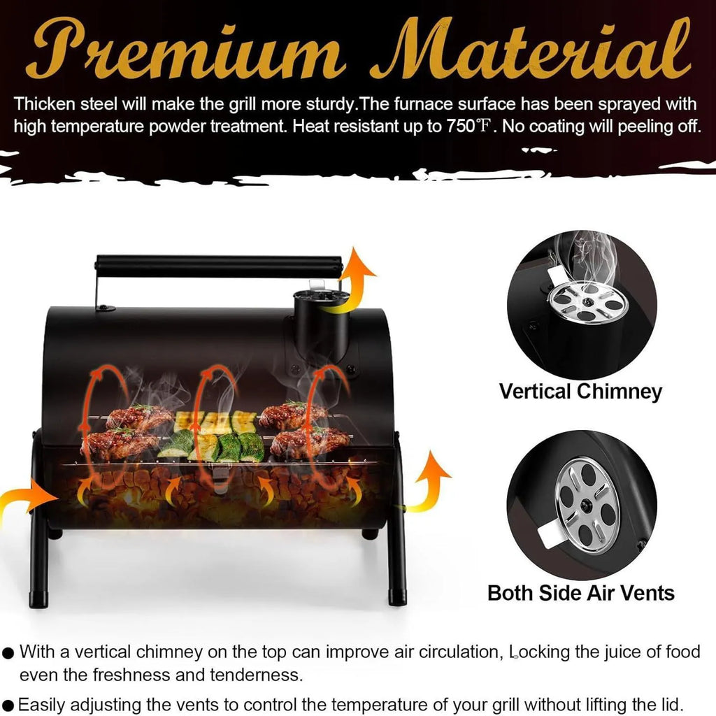 Small folding desktop charcoal barbecue grill showing portable design