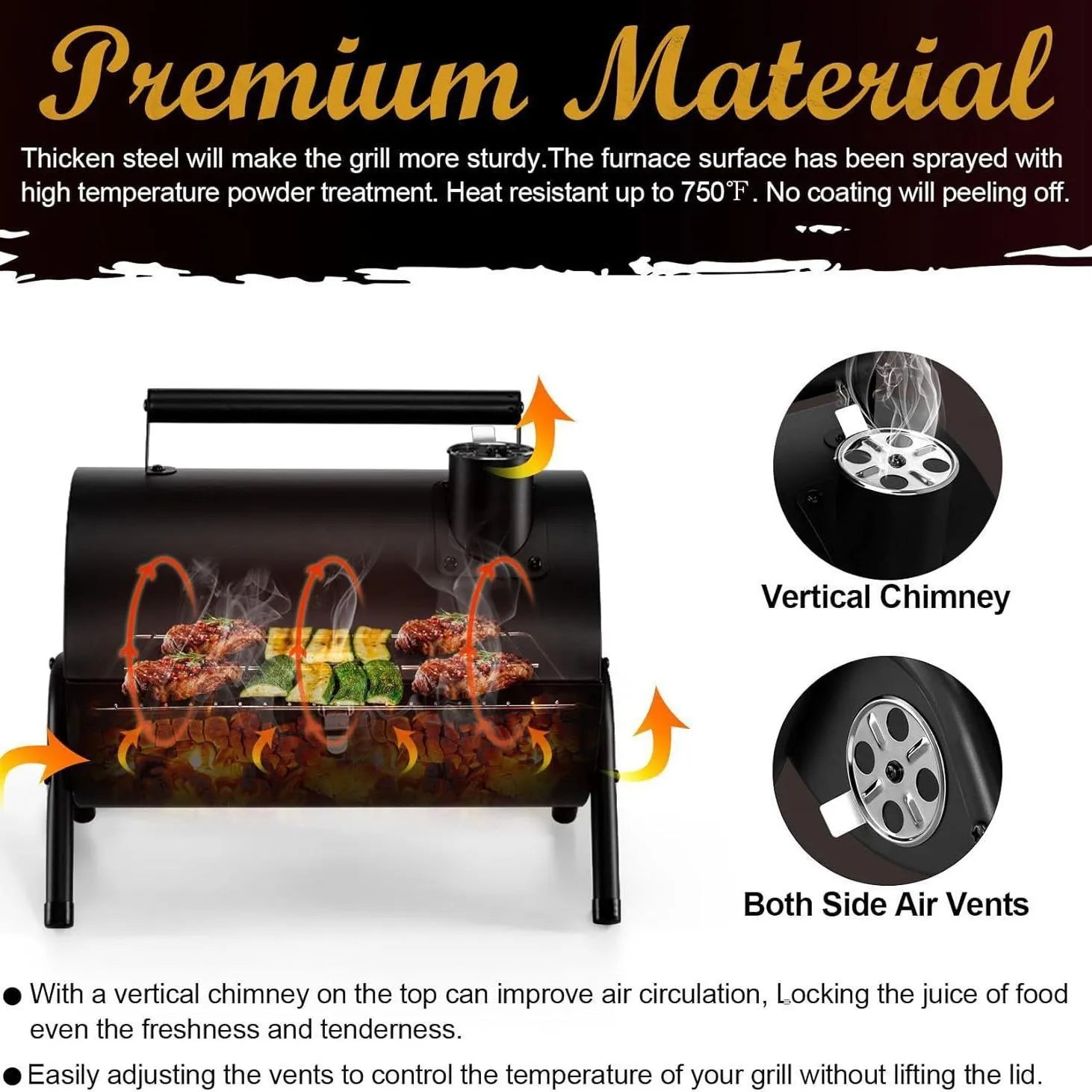 Small folding desktop charcoal barbecue grill showing portable design