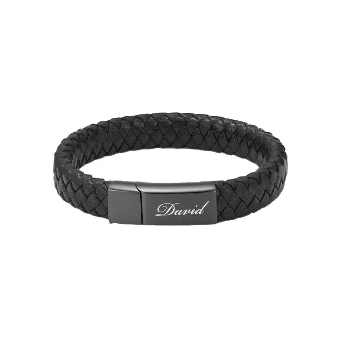 Black woven stainless steel cinerary bracelet with personalised text in gift box