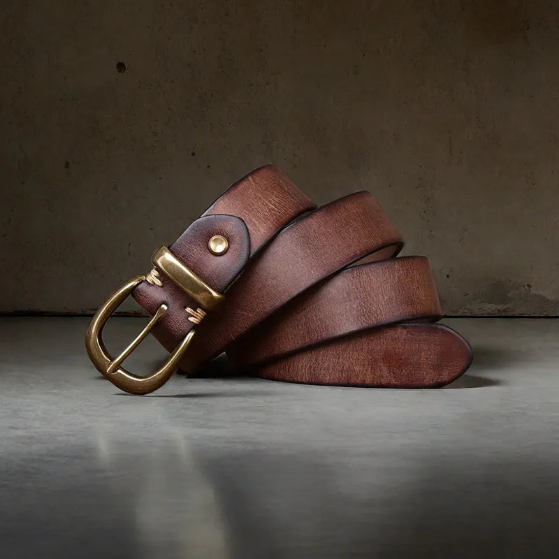 Men's genuine cowhide leather casual belt with copper buckle in black, brown or khaki.