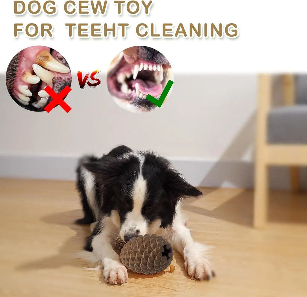 Yellow pine cone shaped natural rubber dog toy with treat dispenser for large breed dogs