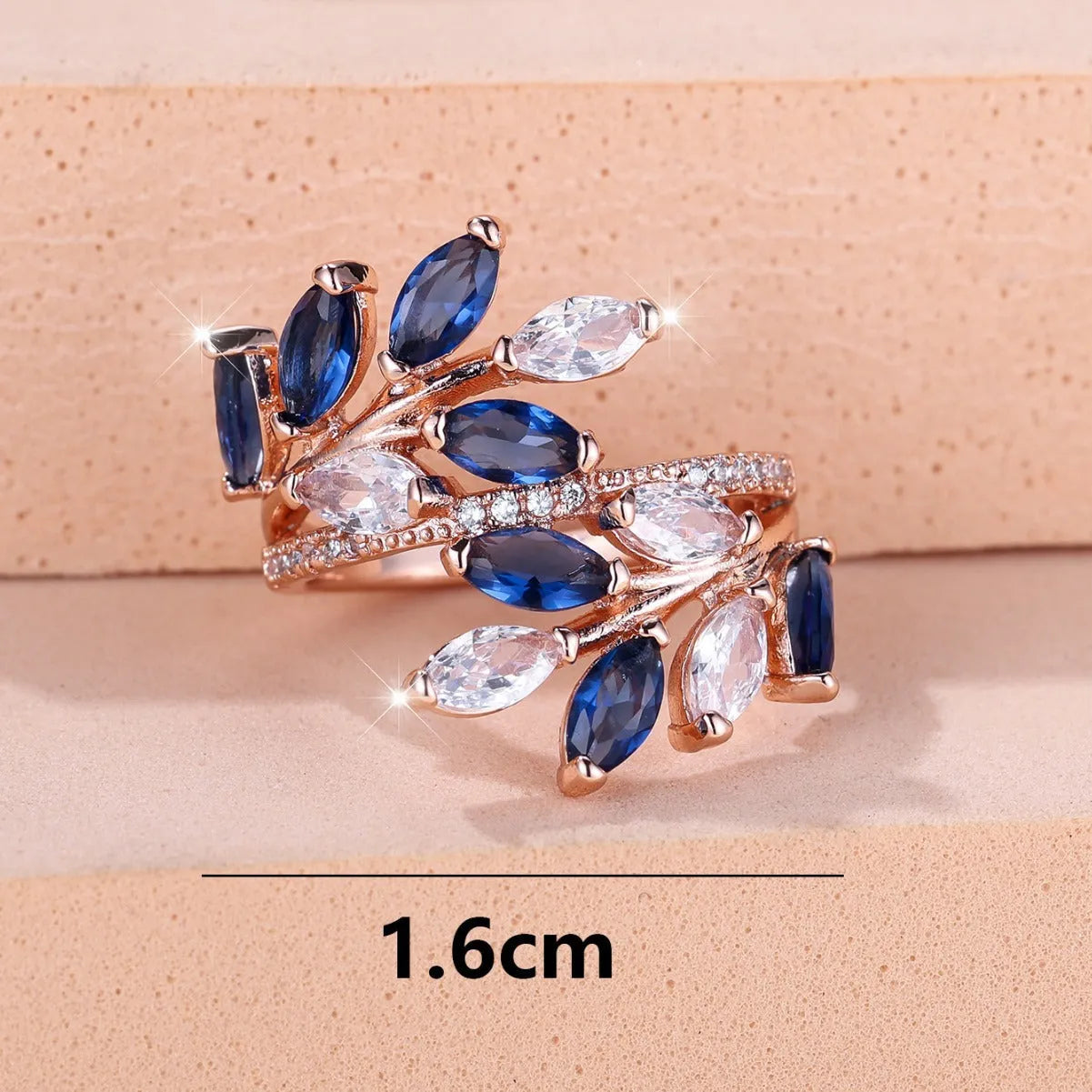 Adjustable copper leaf ring with horse eye design and zircon stones in multiple colour options