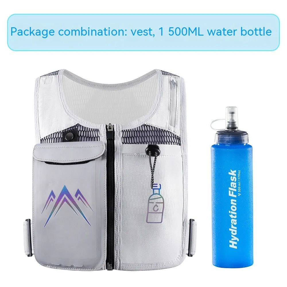 Black breathable mesh running vest with front phone pocket and optional shoulder hydration flask.