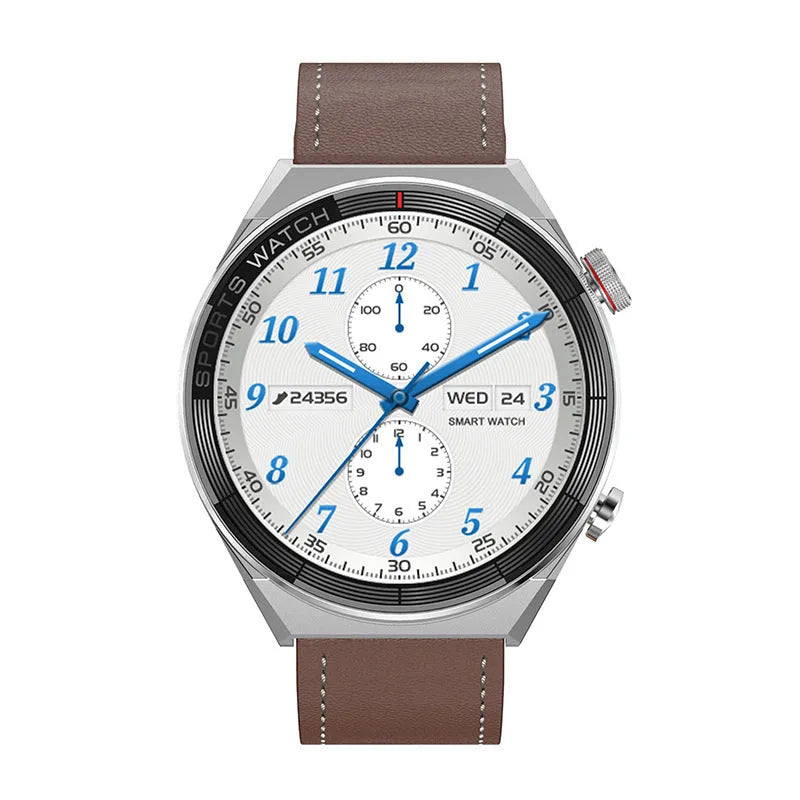 Women's smart watch with 1.5 inch IPS screen, heart rate sensor, and black leather strap on a wrist