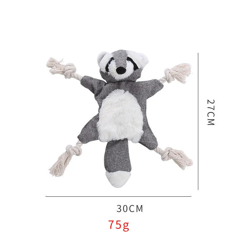 Brown fox plush dog toy with embroidered eyes, cotton rope arms and legs with knots