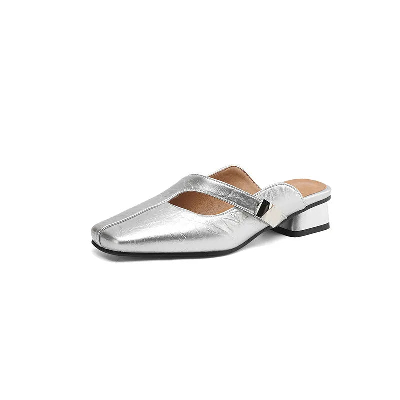 Pair of low heel outdoor slippers with a square toe in a solid colour