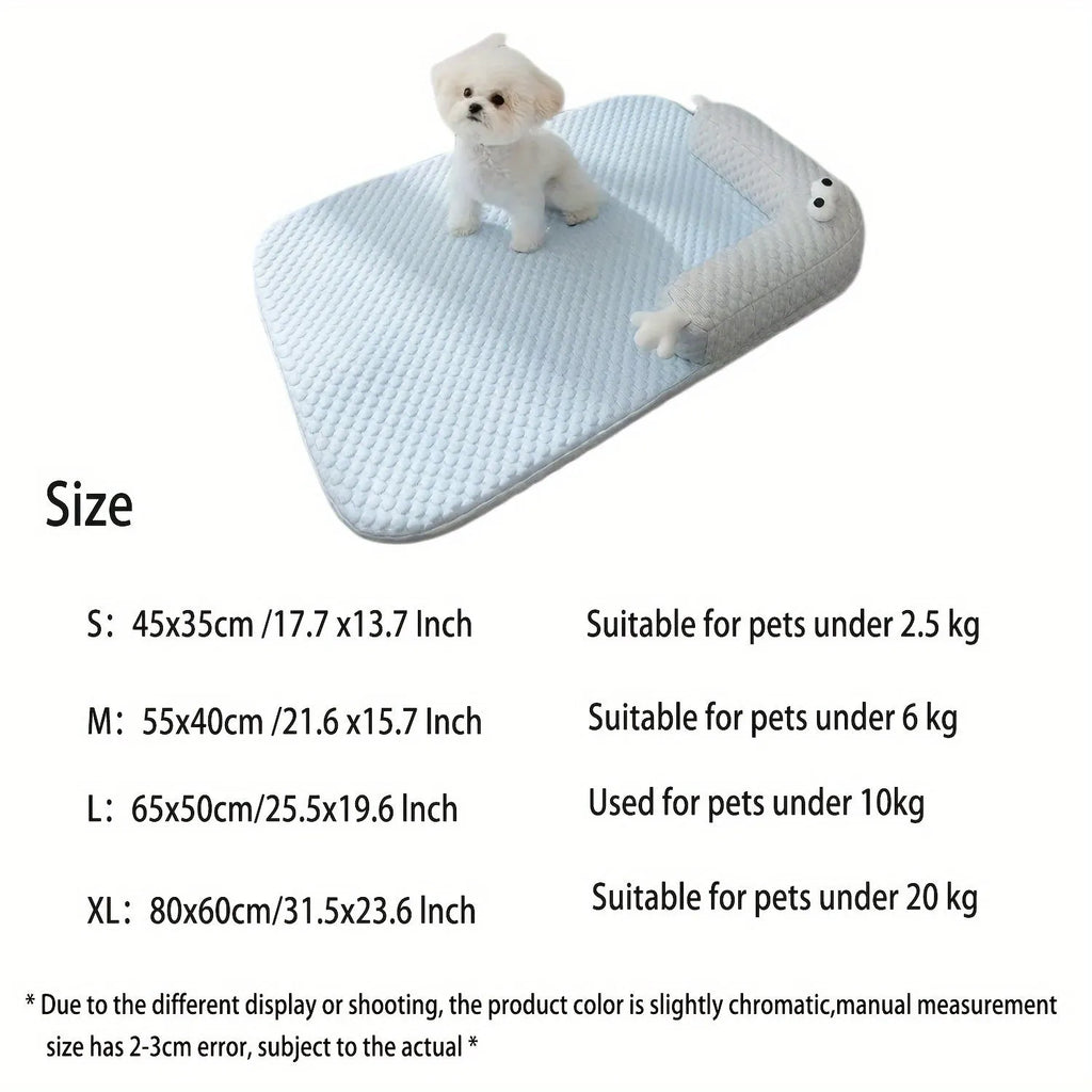 Blue big-eyed monster design pet bed cushion showing non-slip base and raised sofa style construction