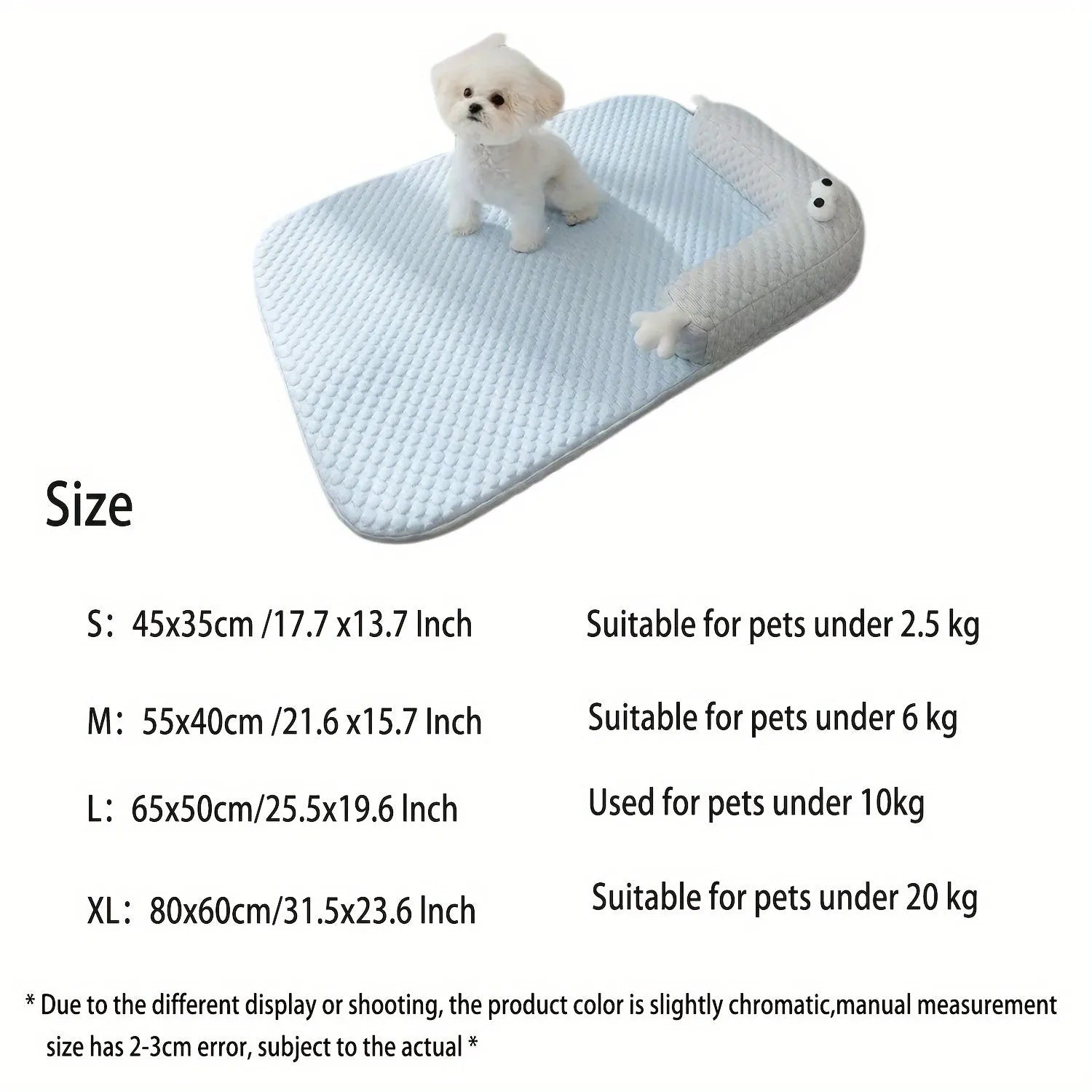 Blue big-eyed monster design pet bed cushion showing non-slip base and raised sofa style construction