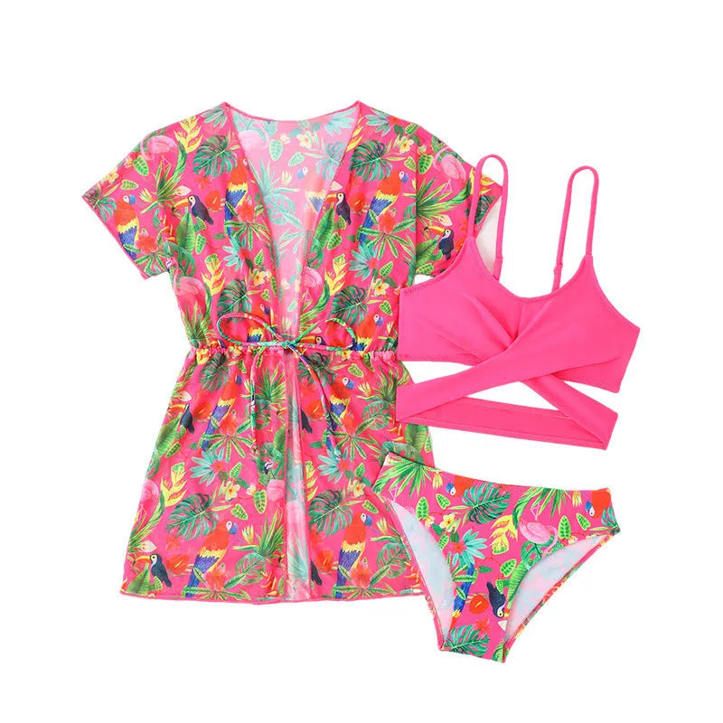 Girls floral split overclothes swimsuit bikini set in picture colour